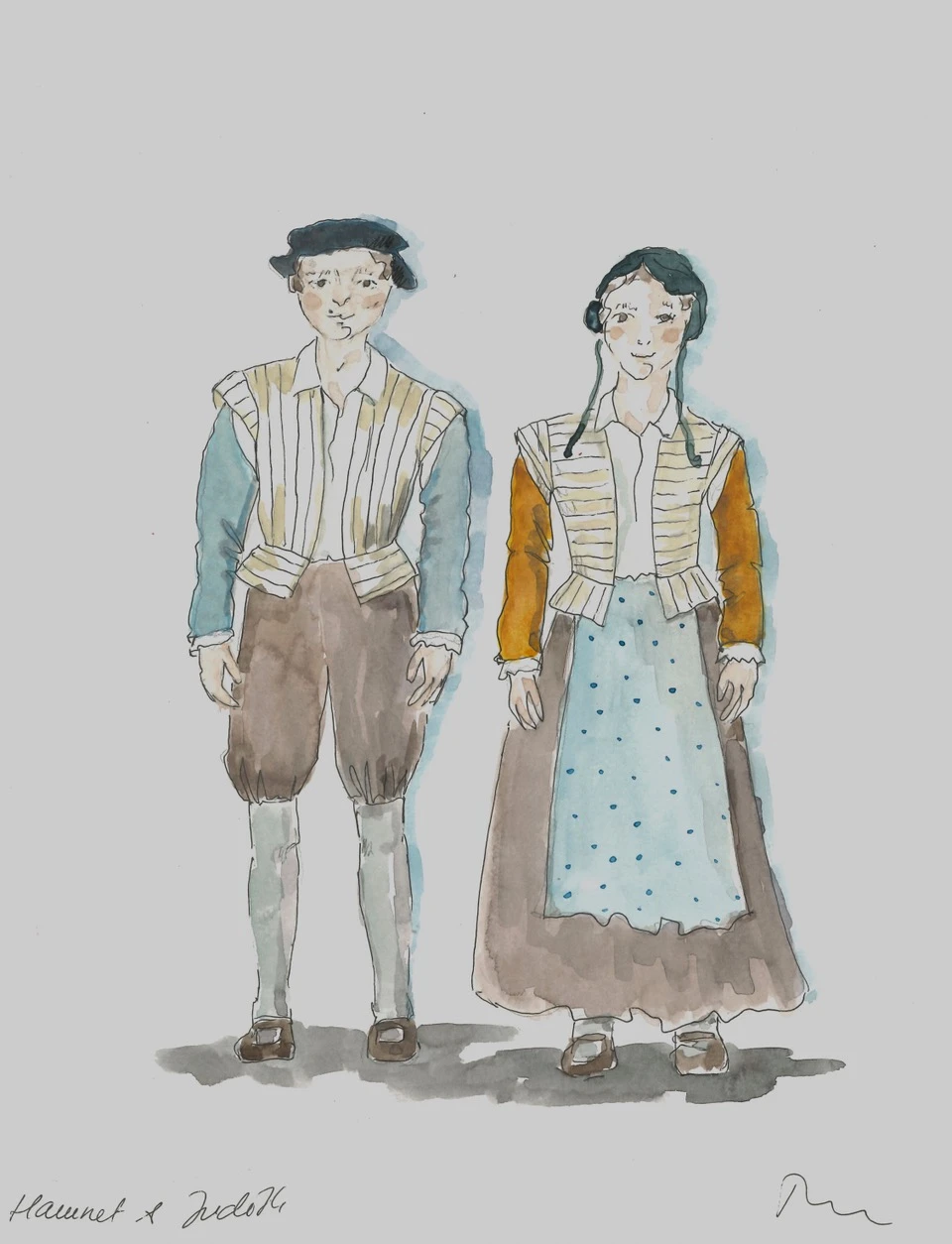 szkic kostiumów Hamneta i Judith w „Hamnecie"