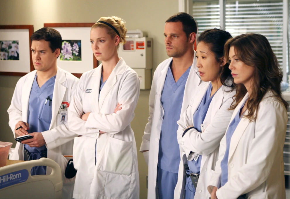 T.R. Knights, Katherine Heigl, Justin Chambers, Sandra Oh i Ellen Pompeo w serialu „Chirurdzy”